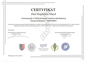 Certyfikat - uczestnik VII Konferencji Naukowo-Szkoleniowej Forum Praktyków - Skoliozy